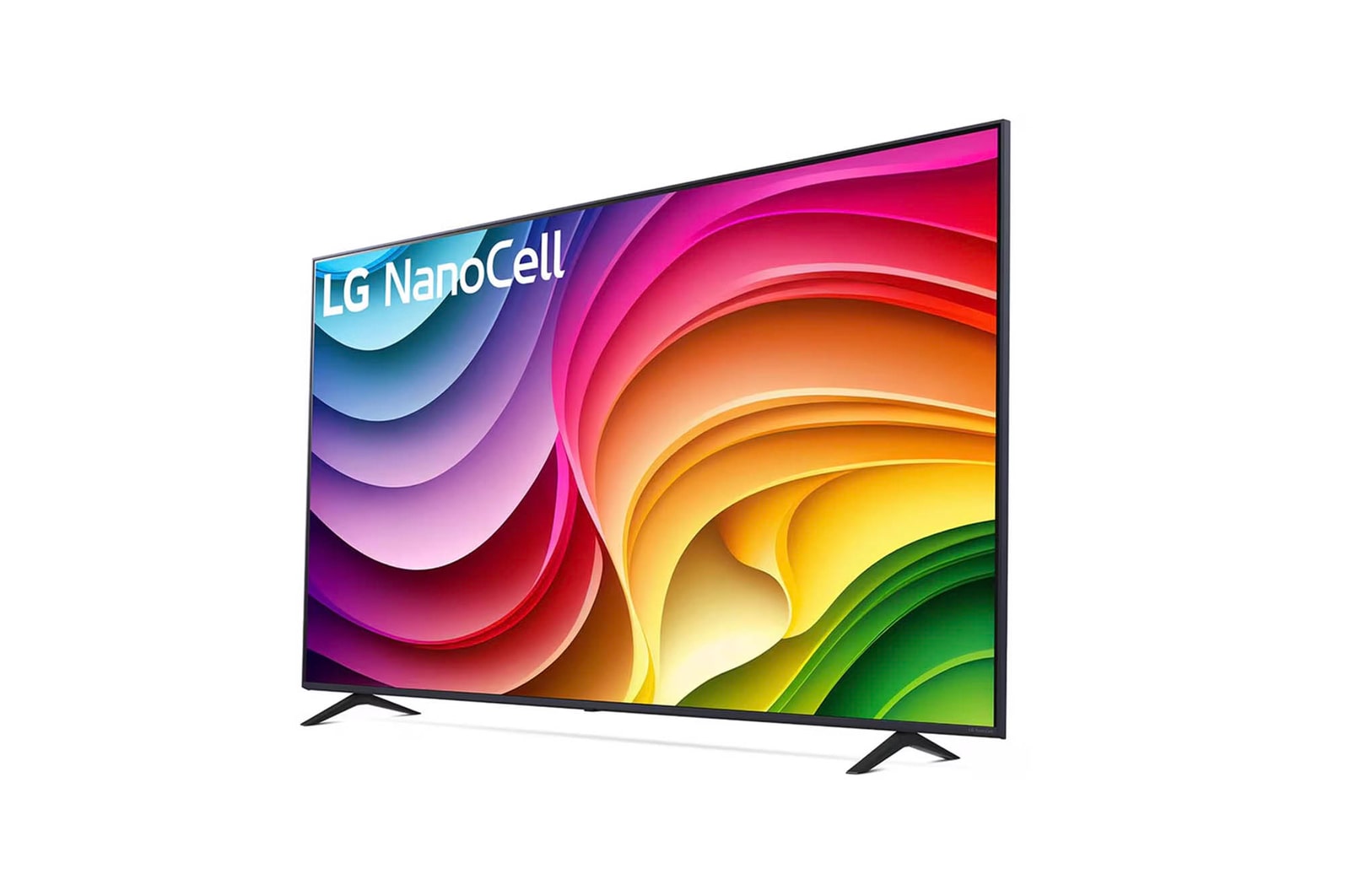 Schrägansicht des LG NanoCell AI NANO82 4K Smart TV 2024 mit aktivem Bildschirm und realitätsnaher Farbwiedergabe.