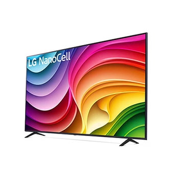 Schrägansicht des LG NanoCell AI NANO82 4K Smart TV 2024 mit aktivem Bildschirm und realitätsnaher Farbwiedergabe.