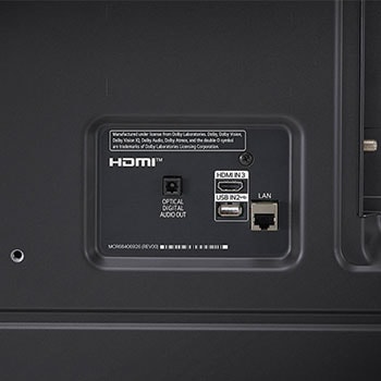 Detailansicht des rückseitigen Anschlussfelds des LG NanoCell AI NANO82 4K Smart TV 2024 mit HDMI-, LAN- und Antennenanschlüssen.