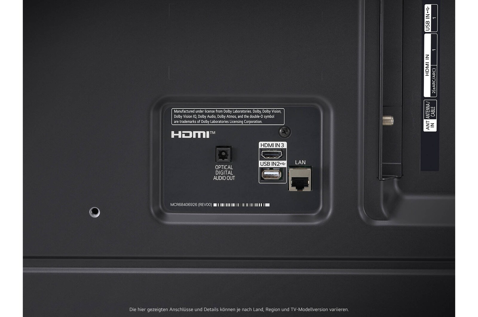 Detailansicht des rückseitigen Anschlussfelds des LG NanoCell AI NANO82 4K Smart TV 2024 mit HDMI-, LAN- und Antennenanschlüssen.