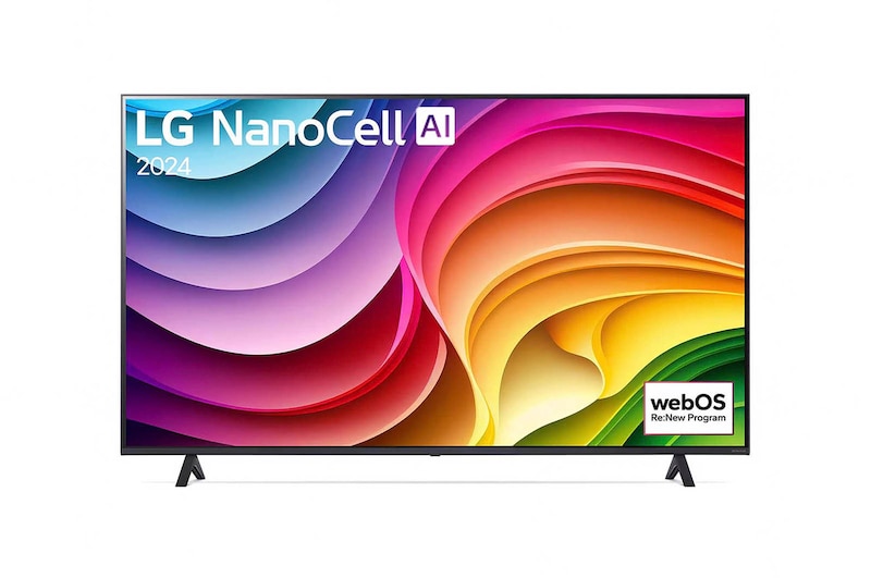 Vorderansicht des LG NanoCell AI NANO82 4K Smart TV 2024 mit eingeschaltetem Display und großem Farbspektrum.