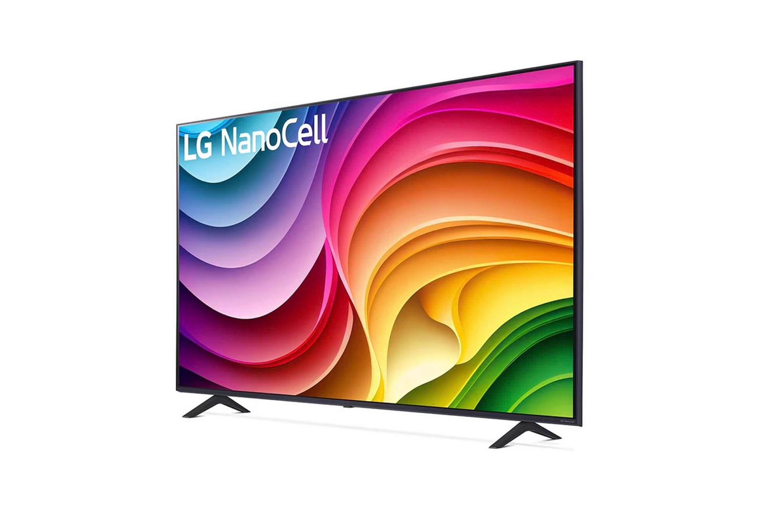 Schrägansicht des LG NanoCell AI NANO82 4K Smart TV 2024 mit aktivem Bildschirm und realitätsnaher Farbwiedergabe.