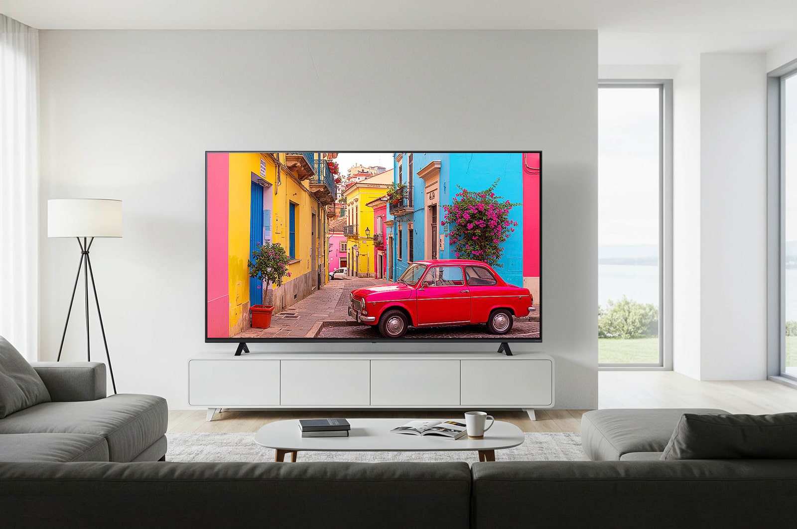 Der LG NanoCell AI NANO82 4K Smart TV 2024, installiert in einem Wohnzimmer, zeigt Inhalte mit präziser Farbwiedergabe und hohem Kontrast.