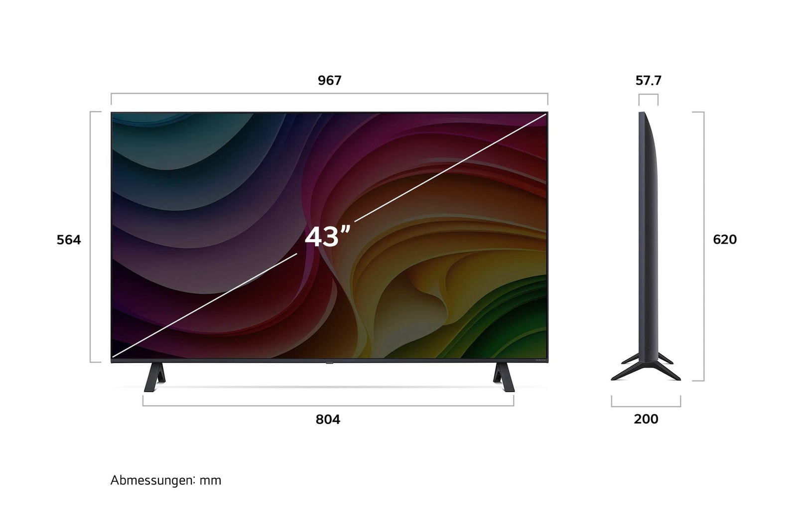 Abmessungen des LG NanoCell AI NANO82 4K Smart TV 2024: Breite 967 mm, Höhe 620 mm, Tiefe 200 mm, Bildschirmdiagonale 43 Zoll.