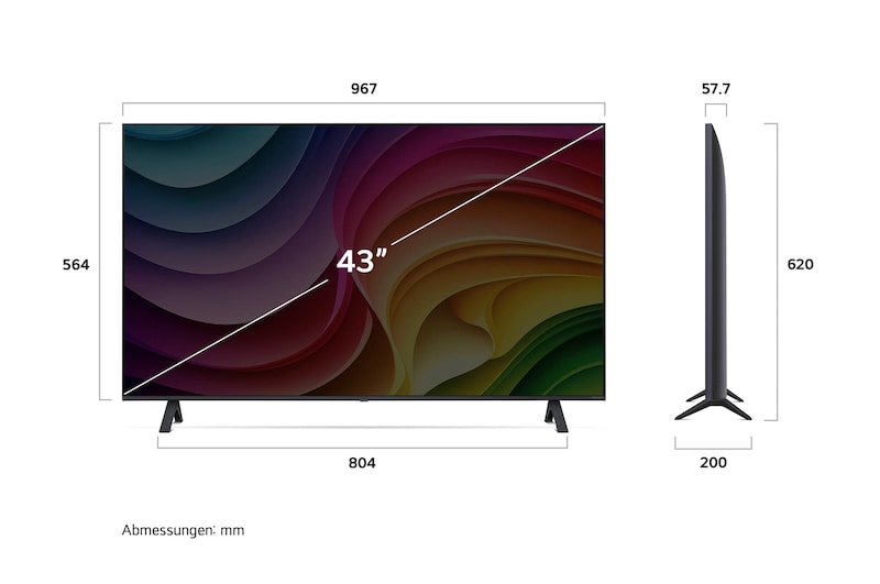 Abmessungen des LG NanoCell AI NANO82 4K Smart TV 2024: Breite 967 mm, Höhe 620 mm, Tiefe 200 mm, Bildschirmdiagonale 43 Zoll.