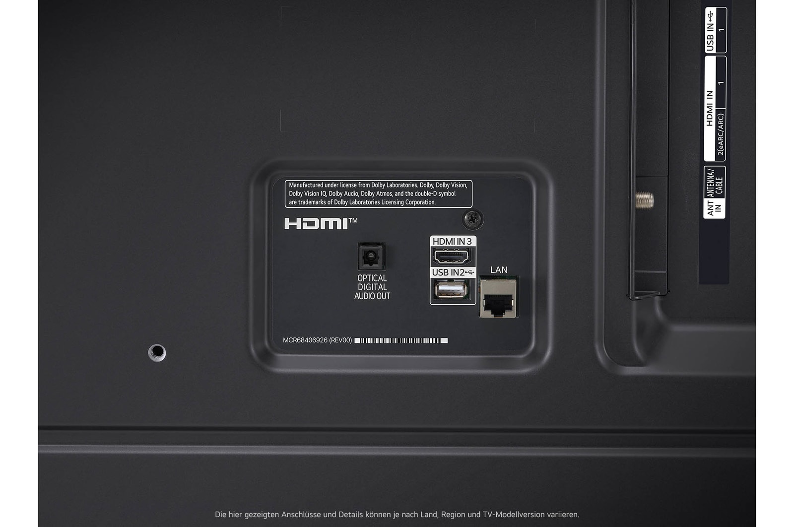 Detailansicht des rückseitigen Anschlussfelds des LG NanoCell AI NANO82 4K Smart TV 2024 mit HDMI-, LAN- und Antennenanschlüssen.