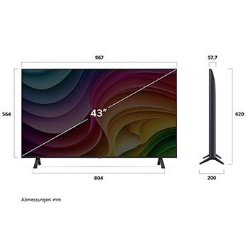 Abmessungen des LG NanoCell AI NANO82 4K Smart TV 2024: Breite 967 mm, Höhe 620 mm, Tiefe 200 mm, Bildschirmdiagonale 43 Zoll.