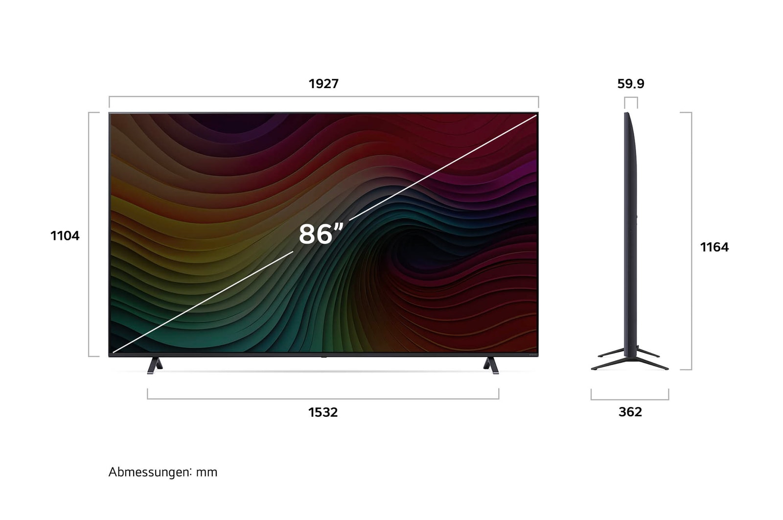Abmessungen des LG NanoCell AI NANO81 4K Smart TVs: Breite 1927 mm, Höhe 1164 mm, Tiefe 362 mm, Bildschirmdiagonale 86 Zoll.
