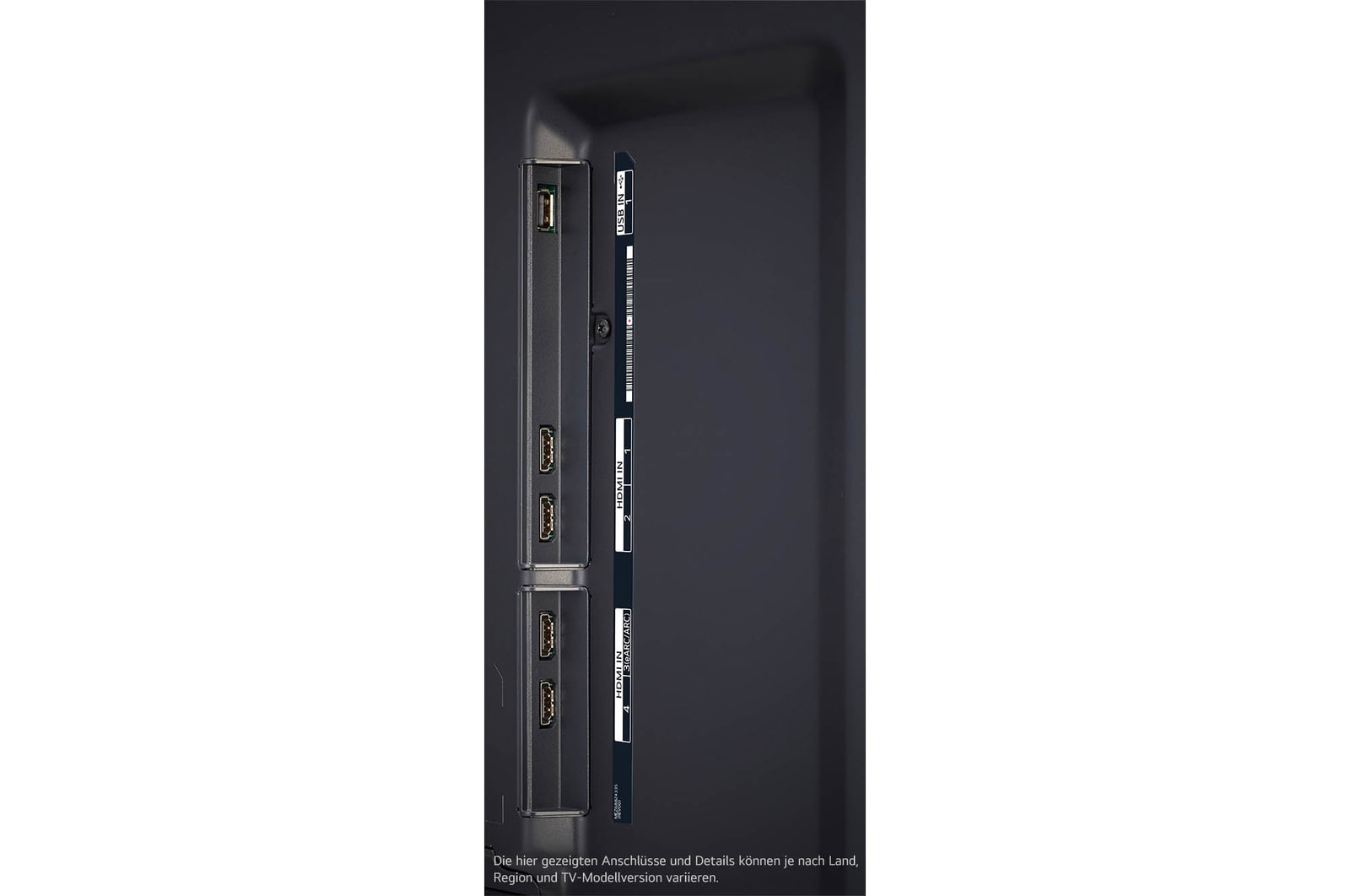 Seitlicher Anschlussbereich des LG NanoCell AI NANO81 4K Smart TVs mit mehreren HDMI- und USB-Eingängen für flexible Konnektivität.