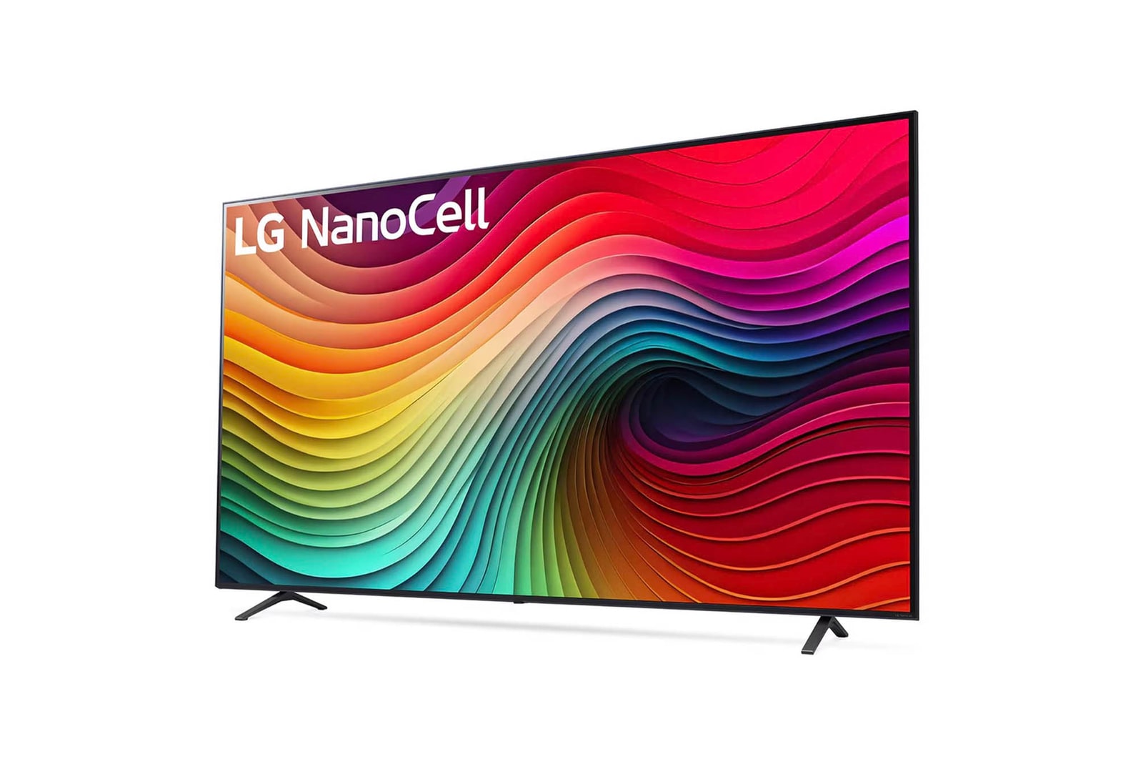 Dynamische Seitenansicht des LG NanoCell AI NANO81 4K Smart TVs mit stabilen Standfüßen und kräftigen Displayfarben.