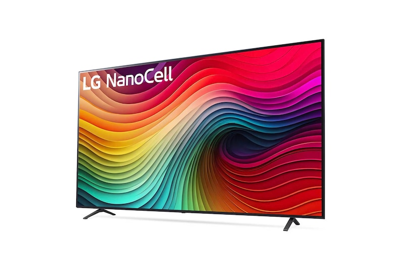 Dynamische Seitenansicht des LG NanoCell AI NANO81 4K Smart TVs mit stabilen Standfüßen und kräftigen Displayfarben.