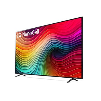 Schrägansicht des LG NanoCell AI NANO81 4K Smart TVs mit breitem Betrachtungswinkel und NanoColor-Technologie für satte Farben.