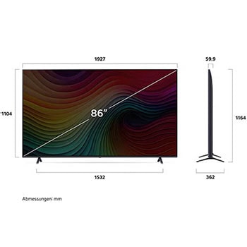 Abmessungen des LG NanoCell AI NANO81 4K Smart TVs: Breite 1927 mm, Höhe 1164 mm, Tiefe 362 mm, Bildschirmdiagonale 86 Zoll.