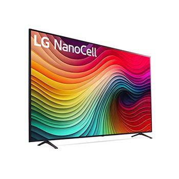 Schrägansicht des LG NanoCell AI NANO81 4K Smart TVs mit RGB-Farbdarstellung und rechteckiger Rahmenform.