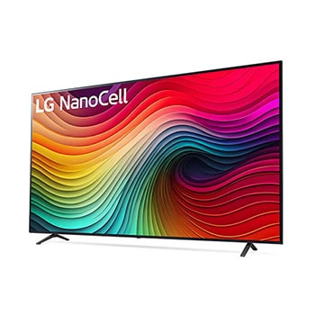 Dynamische Seitenansicht des LG NanoCell AI NANO81 4K Smart TVs mit stabilen Standfüßen und kräftigen Displayfarben.