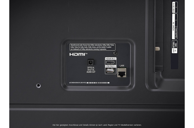 Rückseitige Anschlussübersicht des LG NanoCell AI NANO81 4K Smart TVs mit optimiertem Zugang zu HDMI, LAN und Antenne.