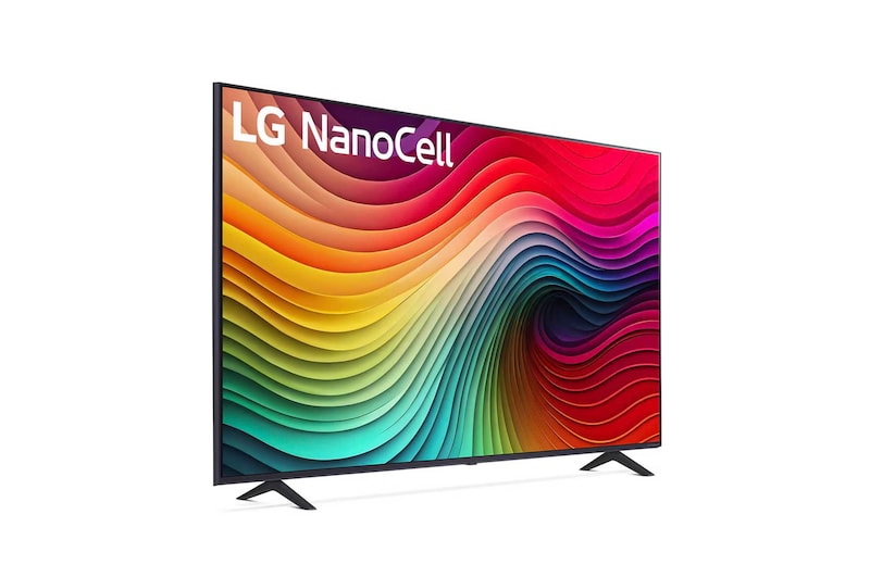 Schrägansicht des LG NanoCell AI NANO81 4K Smart TVs mit RGB-Farbdarstellung und rechteckiger Rahmenform.