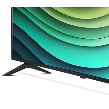 Detailansicht des Standfußes und unteren Rahmens des LG NanoCell AI NANO81 4K Smart TVs mit abstraktem grünem Muster auf dem Bildschirm.