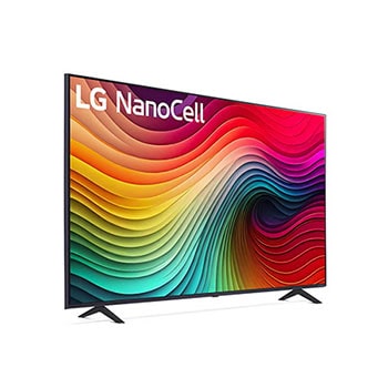 Schrägansicht des LG NanoCell AI NANO81 4K Smart TVs mit RGB-Farbdarstellung und rechteckiger Rahmenform.