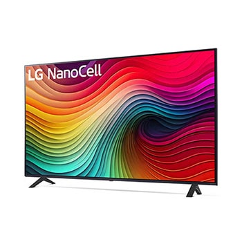 Dynamische Seitenansicht des LG NanoCell AI NANO81 4K Smart TVs mit stabilen Standfüßen und kräftigen Displayfarben.