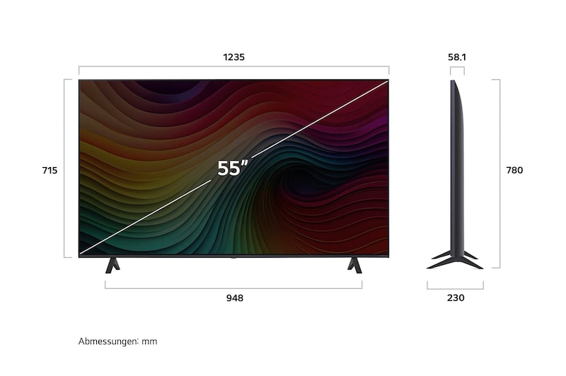 Abmessungen des LG NanoCell AI NANO81 4K Smart TVs: Breite 1235mm, Höhe 780mm, Tiefe 230mm, Bildschirmdiagonale 55 Zoll.