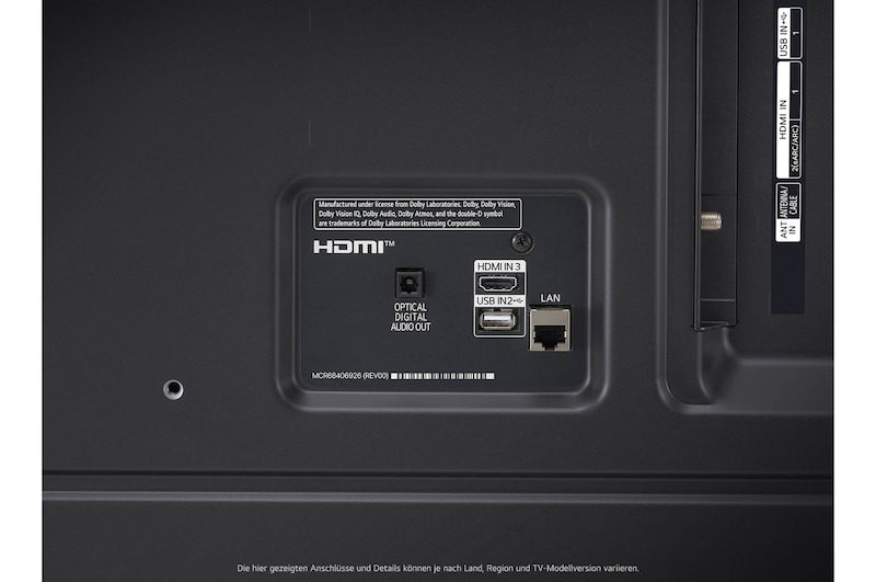 Rückseitige Anschlussübersicht des LG NanoCell AI NANO81 4K Smart TVs mit optimiertem Zugang zu HDMI, LAN und Antenne.