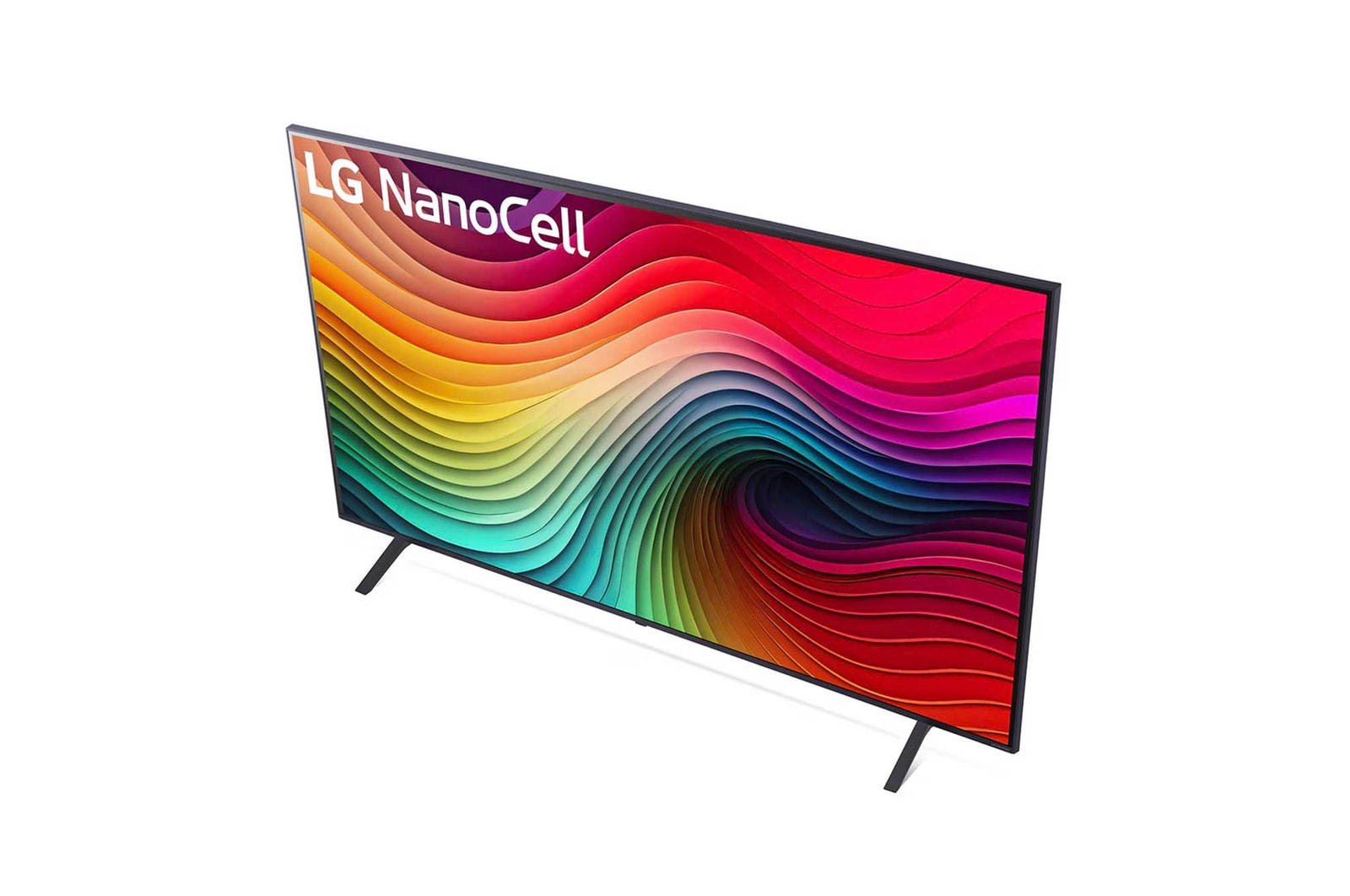 Tiefwinkelansicht des LG NanoCell AI NANO81 4K Smart TVs mit Betonung auf stabile Standfußstruktur.