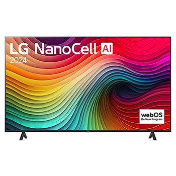 Vorderansicht des LG NanoCell AI NANO81 4K Smart TVs mit 4K-Auflösung, großem Display und Standfuß mit breitem Abstand.