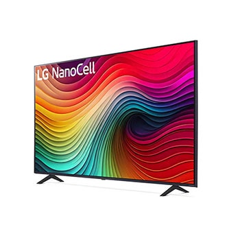 Schrägansicht des LG NanoCell AI NANO81 4K Smart TVs mit breitem Betrachtungswinkel und NanoColor-Technologie für satte Farben.