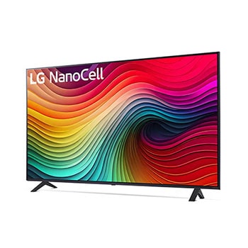 Dynamische Seitenansicht des LG NanoCell AI NANO81 4K Smart TVs mit stabilen Standfüßen und kräftigen Displayfarben.