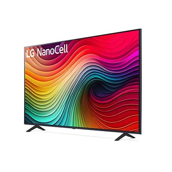 Schrägansicht des LG NanoCell AI NANO81 4K Smart TVs mit breitem Betrachtungswinkel und NanoColor-Technologie für satte Farben.