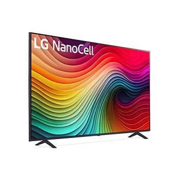 Schrägansicht des LG NanoCell AI NANO81 4K Smart TVs mit RGB-Farbdarstellung und rechteckiger Rahmenform.