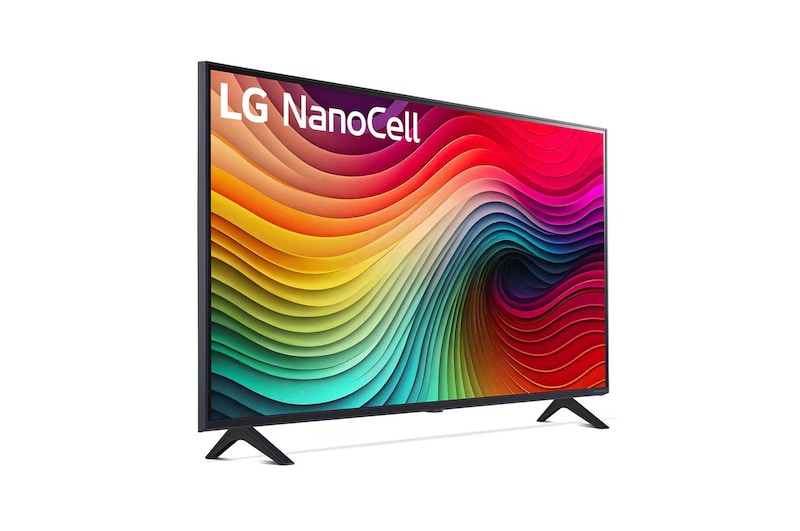 Schrägansicht des LG NanoCell AI NANO81 4K Smart TVs mit RGB-Farbdarstellung und rechteckiger Rahmenform.