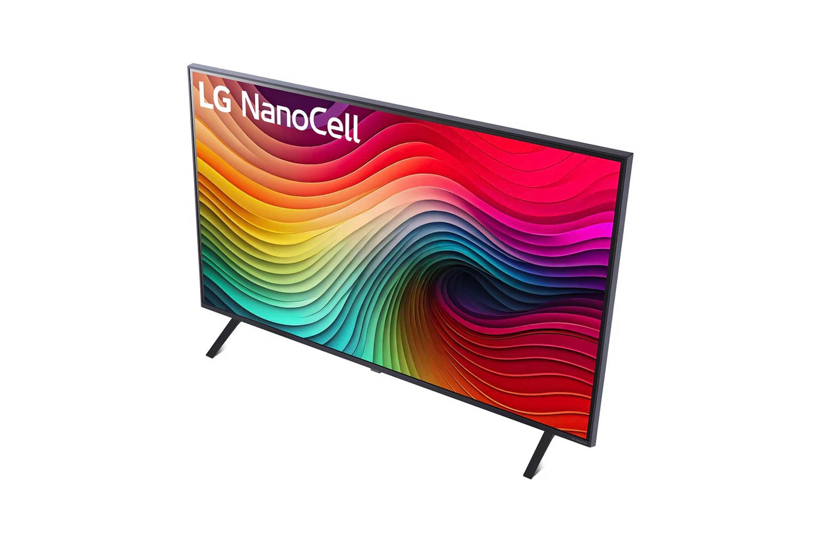 Dynamische Seitenansicht des LG NanoCell AI NANO81 4K Smart TVs mit stabilen Standfüßen und kräftigen Displayfarben.