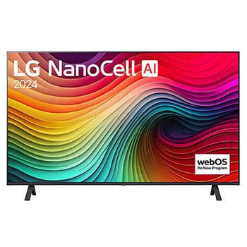 Vorderansicht des LG NanoCell AI NANO81 4K Smart TVs mit 4K-Auflösung, großem Display und Standfuß mit breitem Abstand.