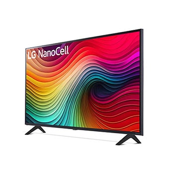 Schrägansicht des LG NanoCell AI NANO81 4K Smart TVs mit breitem Betrachtungswinkel und NanoColor-Technologie für satte Farben.