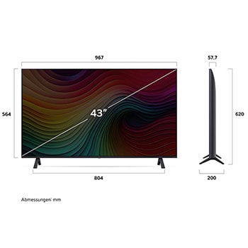 Abmessungen des LG NanoCell AI NANO81 4K Smart TVs: Breite 967mm, Höhe 620mm, Tiefe 200mm, Bildschirmdiagonale 43 Zoll.