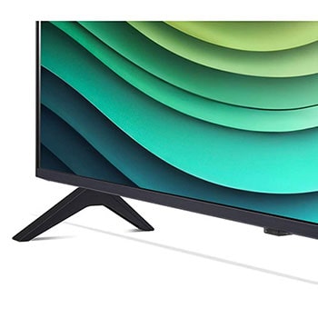 Detailansicht des Standfußes und unteren Rahmens des LG NanoCell AI NANO81 4K Smart TVs mit abstraktem grünem Muster auf dem Bildschirm.