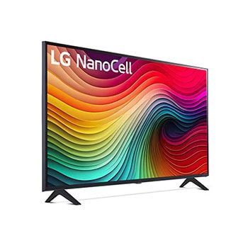 Schrägansicht des LG NanoCell AI NANO81 4K Smart TVs mit RGB-Farbdarstellung und rechteckiger Rahmenform.