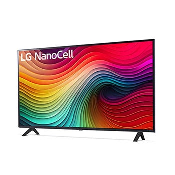 Dynamische Seitenansicht des LG NanoCell AI NANO81 4K Smart TVs mit stabilen Standfüßen und kräftigen Displayfarben.