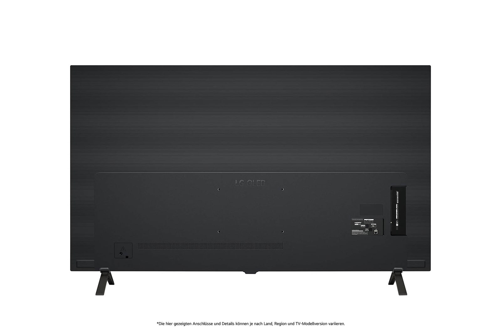 Rückansicht des LG OLED AI B4 4K Smart TVs mit ebenem Rückgehäuse und zwei V-förmigen Standfüßen.