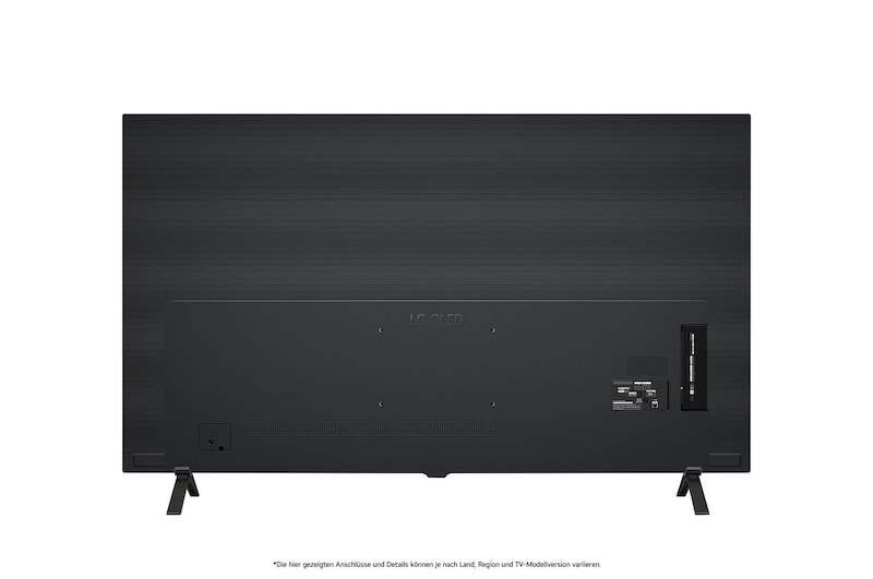 Rückansicht des LG OLED AI B4 4K Smart TVs mit ebenem Rückgehäuse und zwei V-förmigen Standfüßen.