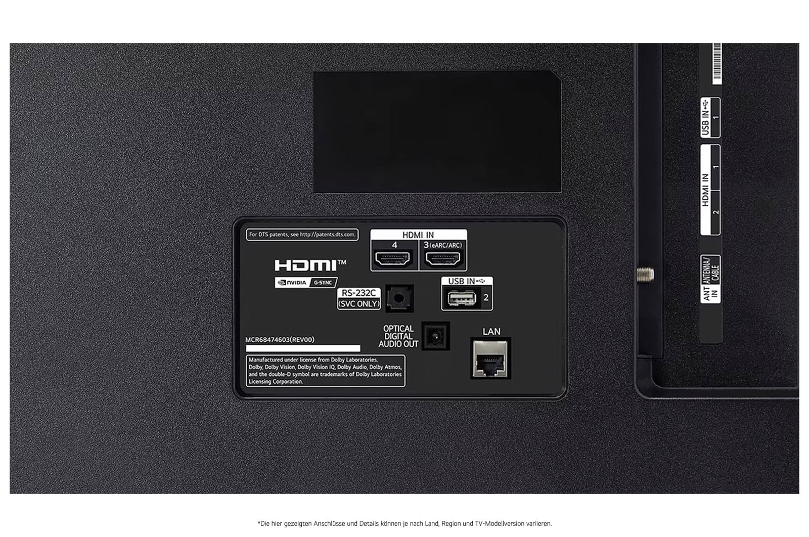 Detailansicht der Rückseite des LG OLED AI B4 4K Smart TVs mit HDMI IN 3 (eARC/ARC) und 4, USB IN 2, optischem Digital-Audio-Ausgang, RS‑232C-Serviceport, LAN- und ANT/Cable-Anschlüssen.