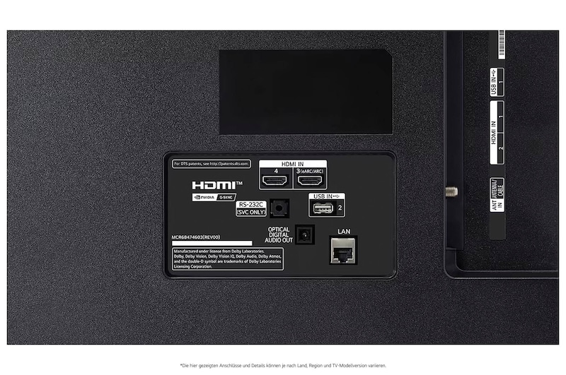 Detailansicht der Rückseite des LG OLED AI B4 4K Smart TVs mit HDMI IN 3 (eARC/ARC) und 4, USB IN 2, optischem Digital-Audio-Ausgang, RS‑232C-Serviceport, LAN- und ANT/Cable-Anschlüssen.