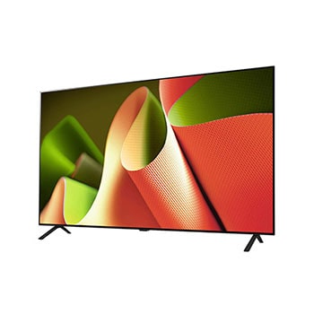 Leicht geneigte Ansicht von der linken Seite des LG OLED AI B4 4K Smart TV, die seine schlanke Blende und den Standfuß hervorhebt.
