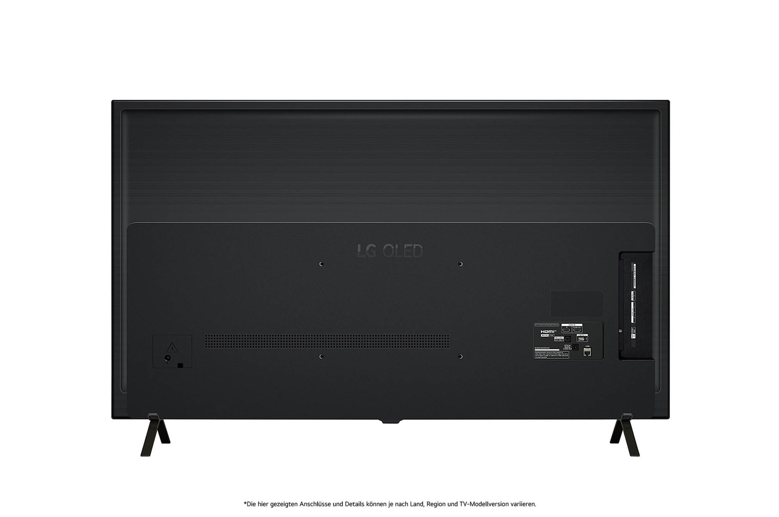 Rückansicht des LG OLED AI B4 4K Smart TVs mit ebenem Rückgehäuse und zwei V-förmigen Standfüßen.