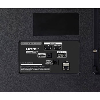 Detailansicht der Rückseite des LG OLED AI B4 4K Smart TVs mit HDMI IN 3 (eARC/ARC) und 4, USB IN 2, optischem Digital-Audio-Ausgang, RS‑232C-Serviceport, LAN- und ANT/Cable-Anschlüssen.