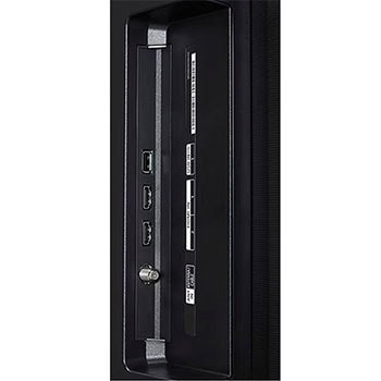 Nahaufnahme der Seitenansicht des LG OLED AI B4 4K Smart TVs mit HDMI IN 1 & 2, USB IN 1 und ANT/Cable-Eingang an der Seitenkante.