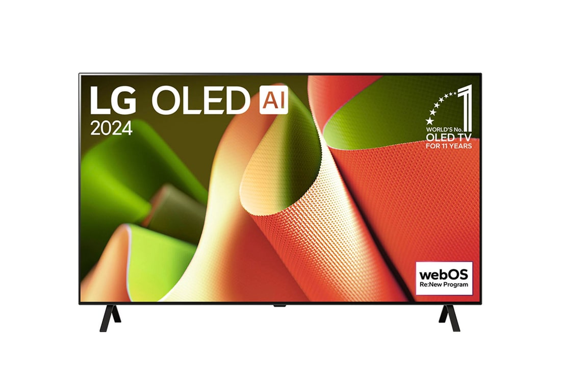 Frontansicht des LG OLED AI B4 4K Smart TVs mit rahmenlosem Design, „LG OLED AI 2024“- und „Weltweit Nr. 1 OLED-TV seit 11 Jahren“-Logos sowie webOS Re:New Program Branding.