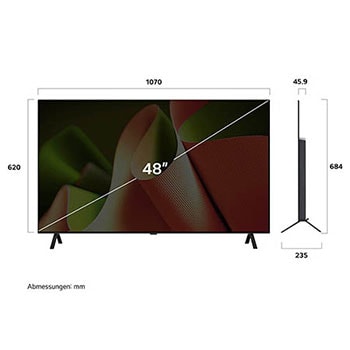 Abmessungsdiagramm des LG OLED AI B4 4K Smart TVs: Breite 1070 mm, Höhe 620 mm (Panel), 684 mm mit Standfuß, Tiefe 45,9 mm ohne Standfuß, 235 mm mit Standfuß.